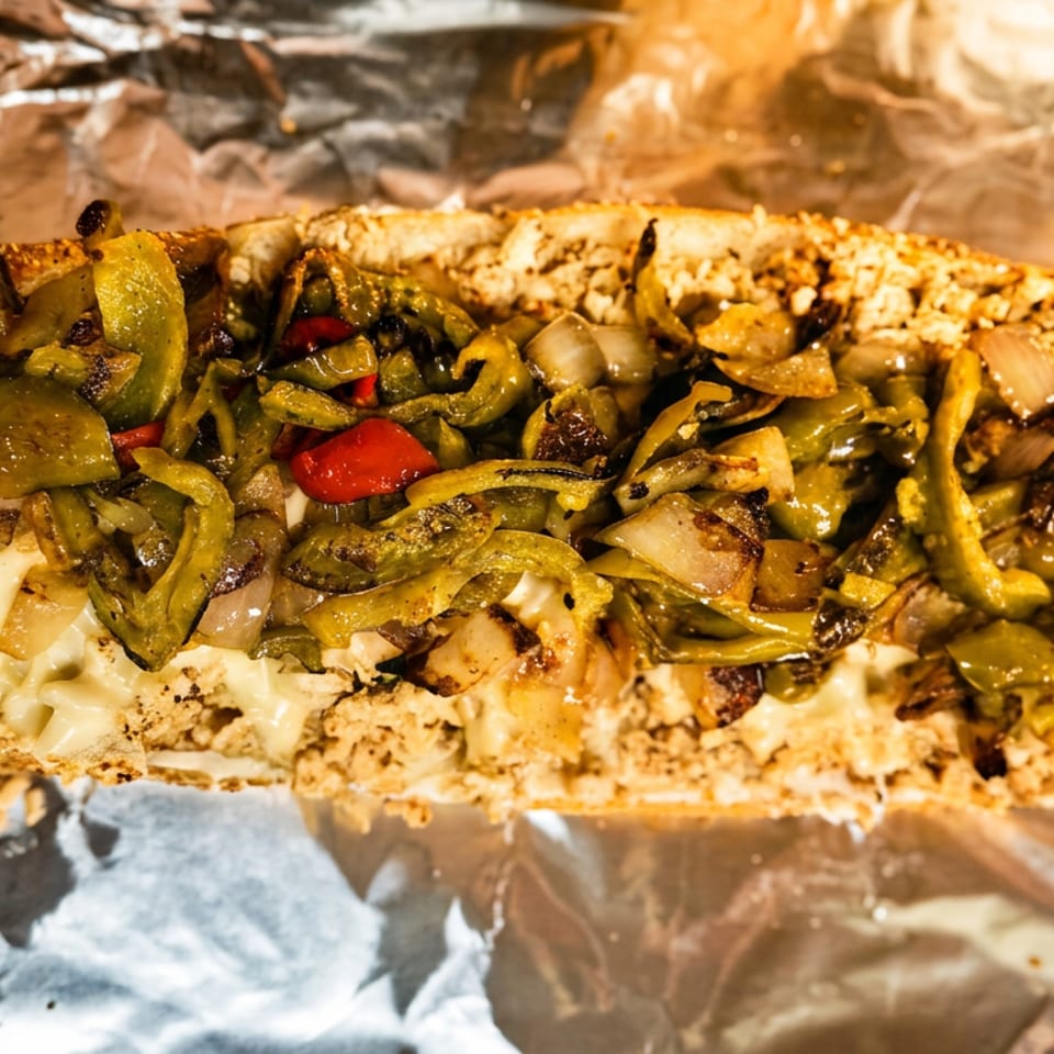 Toasted sesame sub roll filled with melted cheese, sautéed peppers, onions, mushrooms, and red peppers on foil.