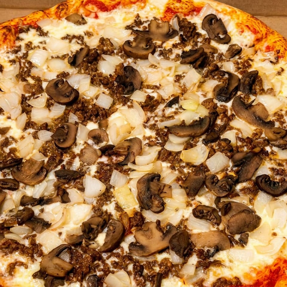 Large cheese pizza topped with mushrooms, onions, and crumbled meat in an open cardboard box.