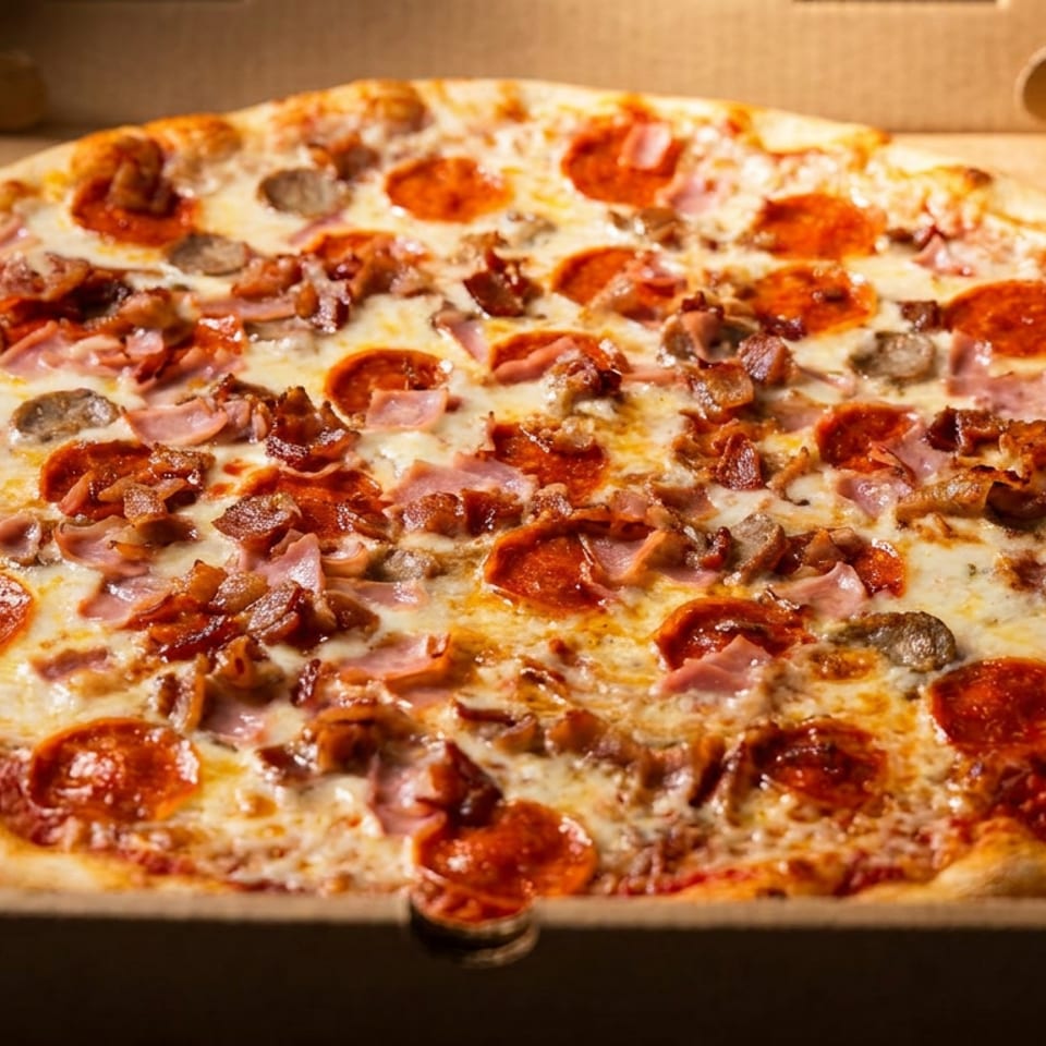 Large loaded pepperoni, bacon, ham, sausage, and mushroom pizza in an open cardboard delivery box.