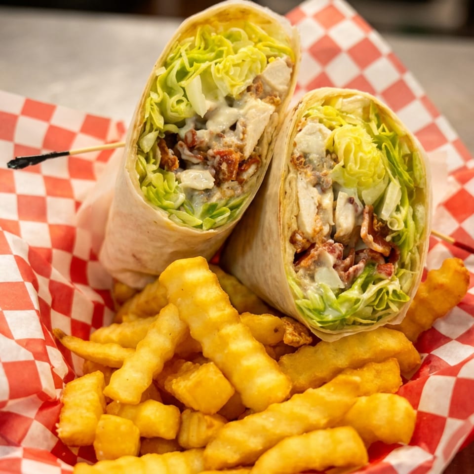 Two chopped chicken wraps with lettuce, bacon, and creamy sauce served with golden fries on red-and-white checkered paper.