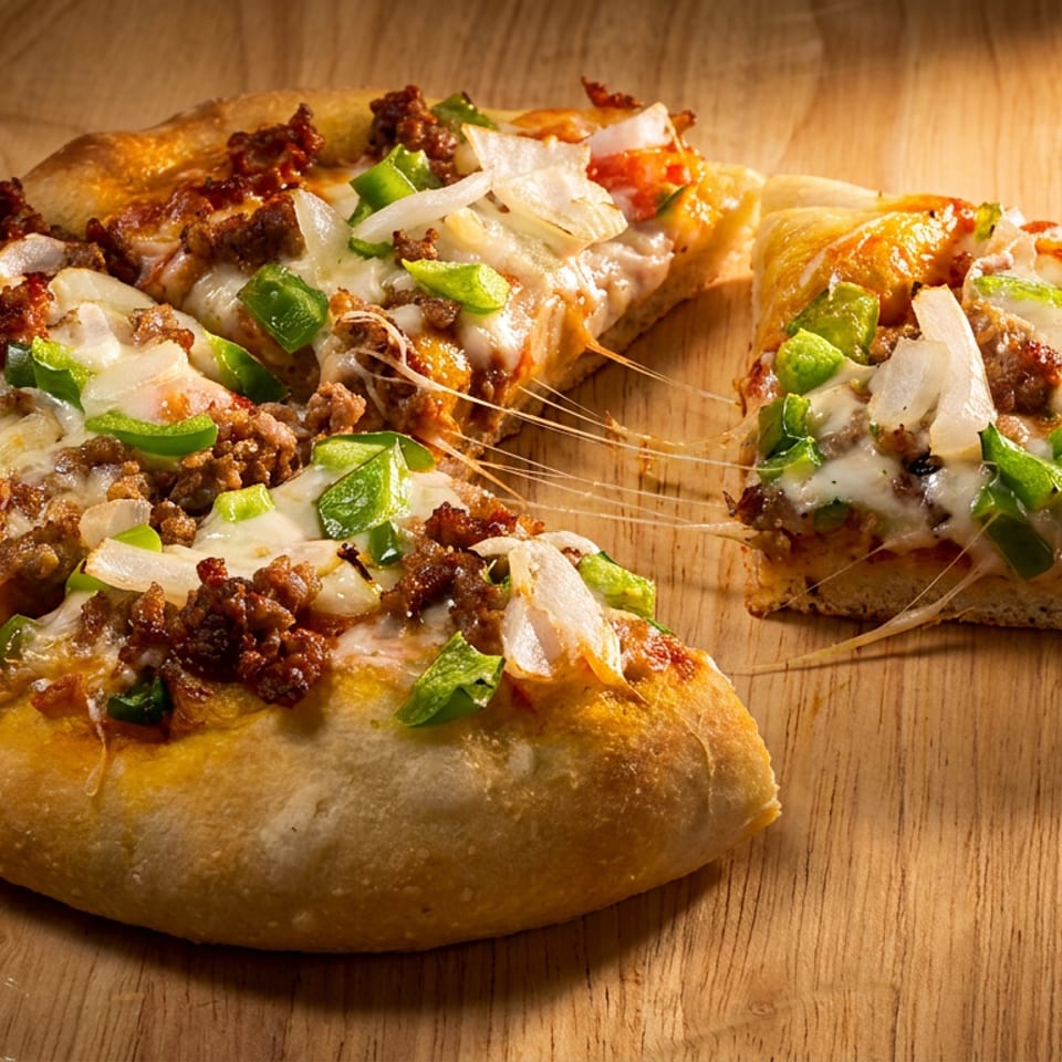 Cheesy flatbread pizza topped with ground meat, onions, and green peppers on a wooden table, with one slice pulled away.