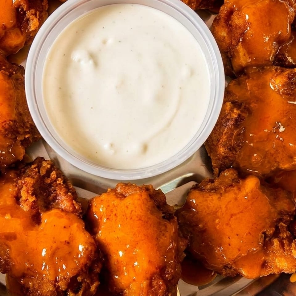 Buffalo-style fried shrimp arranged around a cup of creamy dipping sauce in a foil serving tray.
