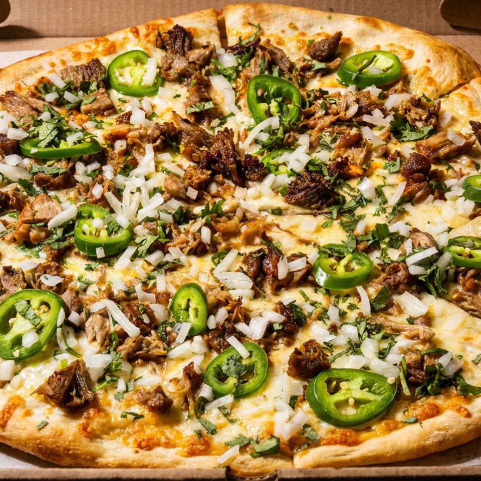 Large rectangular pizza topped with sliced jalapeños, diced onions, cilantro, melted cheese, and browned meat in a cardboard box.