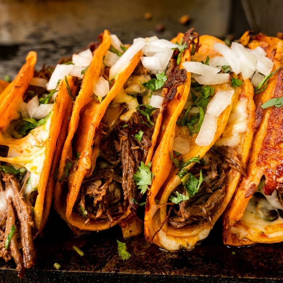 Close-up of crispy birria tacos filled with shredded beef, melted cheese, onions, and cilantro on a griddle.