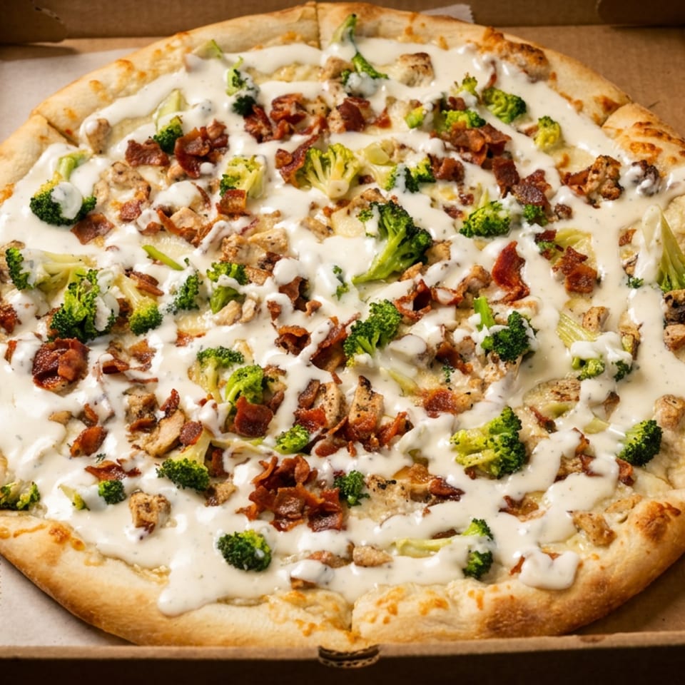 Round pizza topped with creamy white sauce, broccoli, bacon, mushrooms, and chicken in an open cardboard box.