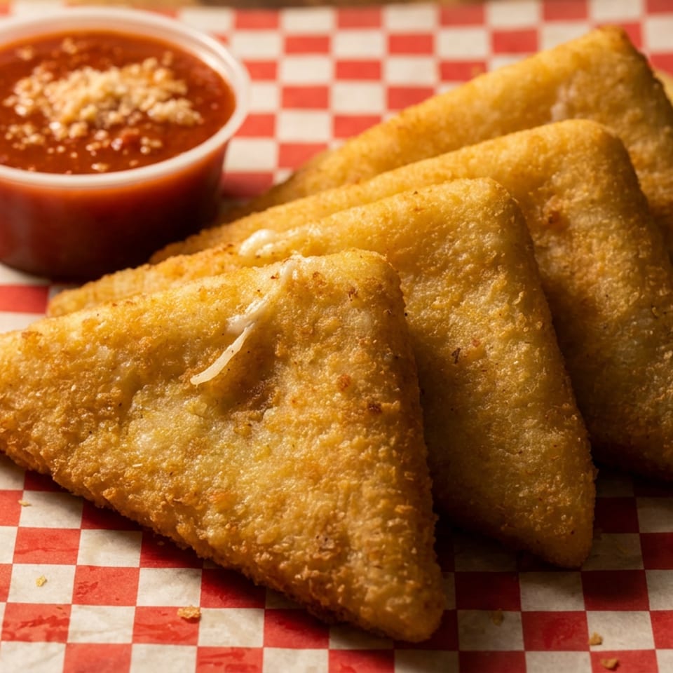 Crispy golden triangular pastries served with a cup of red dipping sauce on red-and-white checkered paper.
