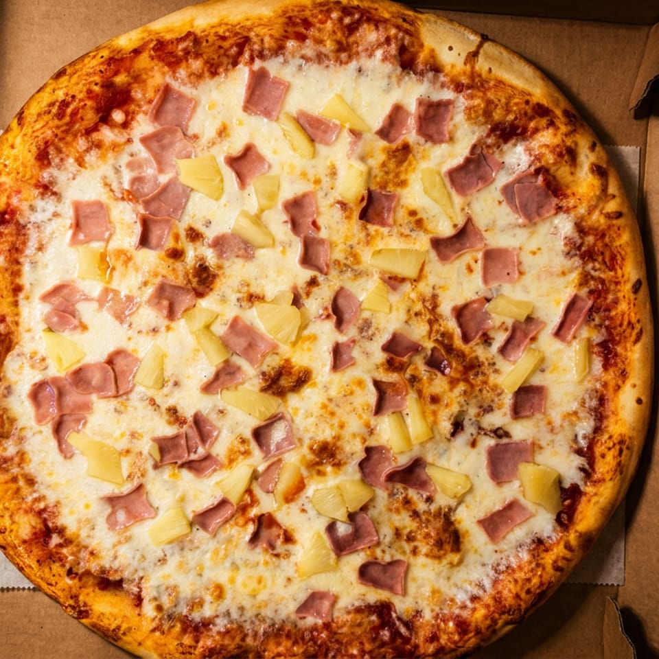 Hawaiian pizza topped with melted cheese, ham, and pineapple in an open cardboard box.